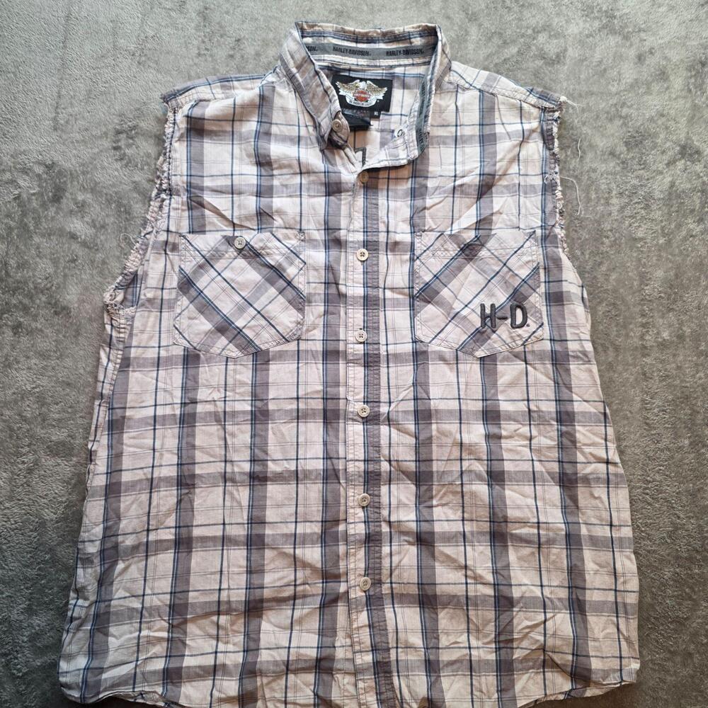 Harley-Davidson Button Up Shirt Mens XL Gray Plaid Sleeveless Back Graphic